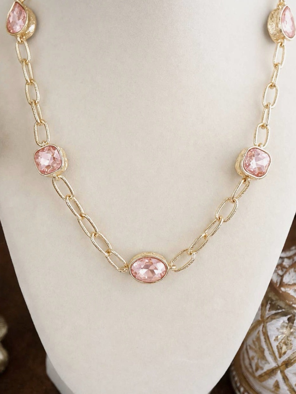 Gold Chain Necklace with Pink Crystal Stations
